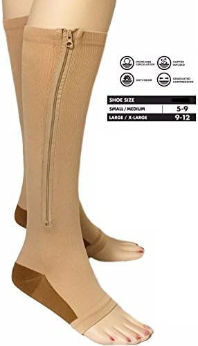 Zipper Up Compression Socks Leg Support Stocking Open Toe Knee Length (S &amp; M, Beige + Copper)