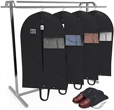 TechZoo Garment Bags (Set of 4) + Shoe Bag - Breathable 42 Inch, Lightweight, Easy Carrying Shoulder Straps, Window for Viewing, PVC Card Holder, Anti-Moth Protector, Water Res, [Updated Version]