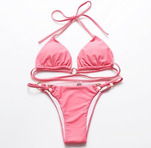 HERKINI Women's Tie Side Bottom Push Up Padded Top Triangle Bikini Bathing Suit (M, Hot pink)