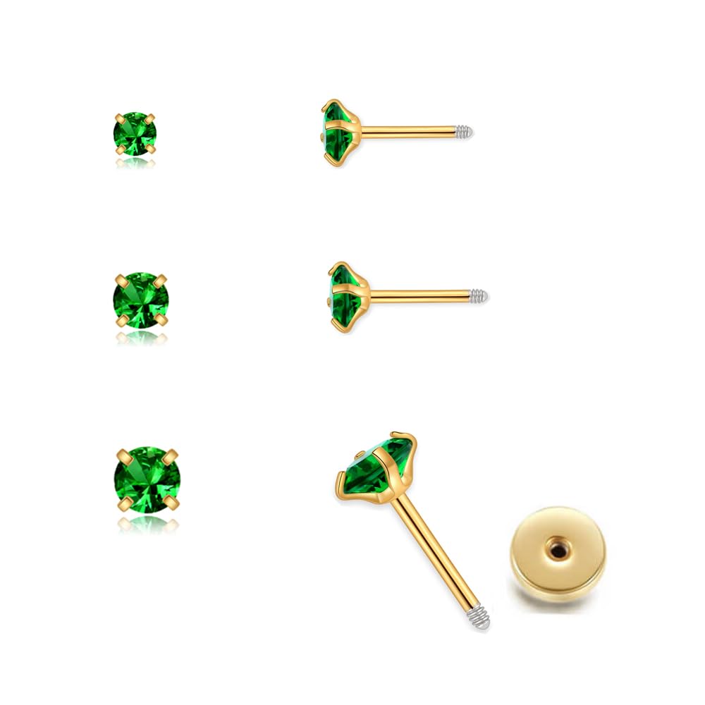 Photo 1 of 3Pairs CZ Stud Flat Screw Back Earrings for Women Multiple Piercing,Dainty Flatback Cubic Zirconia Cartilage Earring Stud,Helix Tragus Conch Piercing Jewelry (2mm/3mm/4mm Gold, Green CZ)