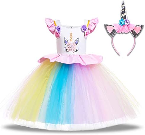 Baby Girl Unicorn Costume Dress Pageant Flower Princess Party Dresses with Headband Rainbow Tutu Skirt Birthday Wedding