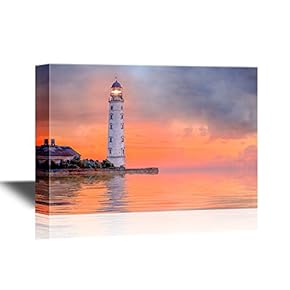 Canvas Wall Art - Lighthouse with Orange Sky Background - Gallery Wrap Modern Home Art | Ready to Hang - 12x18 inches