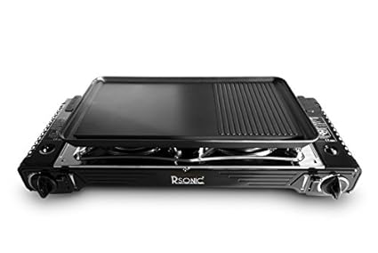 RSonic Deluxe Chrom tragbarer doppel Gaskocher inkl. Grillplatte und stabilem Koffer (1, 4 Kartuschen)