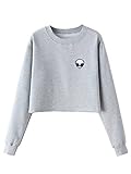 Clothink Women Black/Gray Long Sleeve Cropped Jumper Sweatshirt with Alien Print