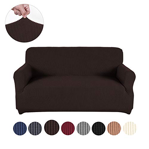 sancua Stretch Spandex Loveseat Slipcover Non Slip Sofa Cover 2 Seat Sofa Slipcover with Elastic Bottom for Living Room Furniture Protector Couch Cover for Dogs, Cats and Pets (Loveseat, Chocolate)