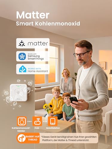 Heiman Smart Carbon Monoxide Detector Matter Over Thread (Hub Required) - CO Detector for SmartThings & Home Assistant, EN 50291, Interchangeable Battery, 10 Year Sensor, 85 dB, HS-725ES-M