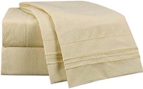 Premium Quality Queen Sheet Set Luxurious Silky Soft WRINKLE FREE & FADE RESISTANT 4 pc Sheet set, Deep Pocket Up to 16" TRIPLE LINE EMBROIDERED PILLOW CASE Spring Summer collection.PALE YELLOW