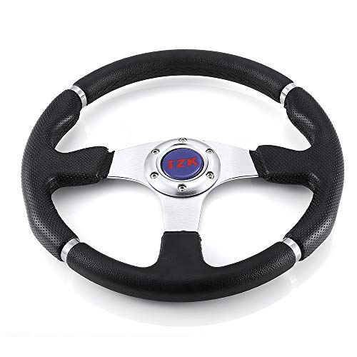 JZK New Classic Universal Steering Wheel 350mm 6 Bolts PVC Material Grip and Brushed Stainless Spokes