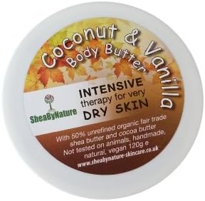 SheaByNature Natural Shea Butter Body Butter with Coconut and Vanilla (250ml). Intensive Therapy for Dry Skin. Ideal or people with very dry skin, damaged skin, wrinkles, stretch marks, itchy skin, sun damage, burns. From SheaByNature