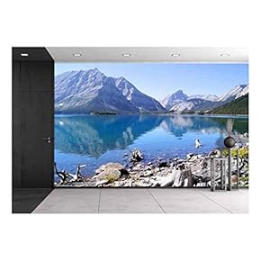 View of The Kananaskis Lakes in The Canadian Rockies with Mountain Reflecting in Cool Blue Waters - Removable Wall Mural | Self-Adhesive Large Wallpaper - 100x144 inches