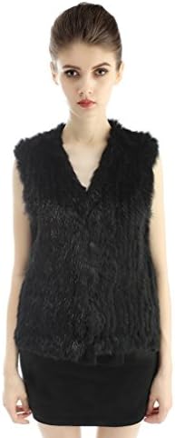 OLLEBOBO Women's Genuine Rabbit Fur Knitted Vest with V Collar Size L Black