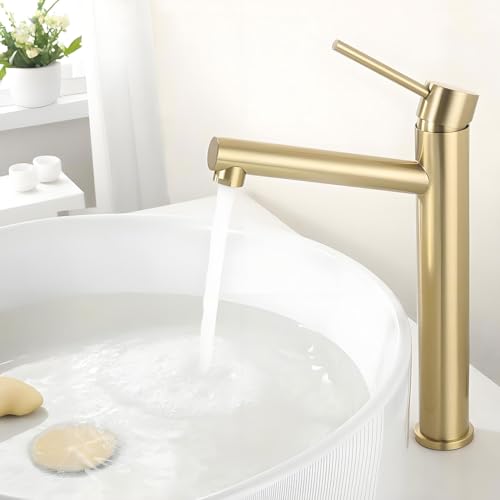 Tondiy High Gold Basin Faucet, Countertop Basin Mixer, Adjustable Hot and Cold Bathroom Taps, Stainless Steel, Removable Aerator, Gold