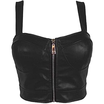 Faux Leather Zip Front Padded Cups Bustier Bralet PU Party