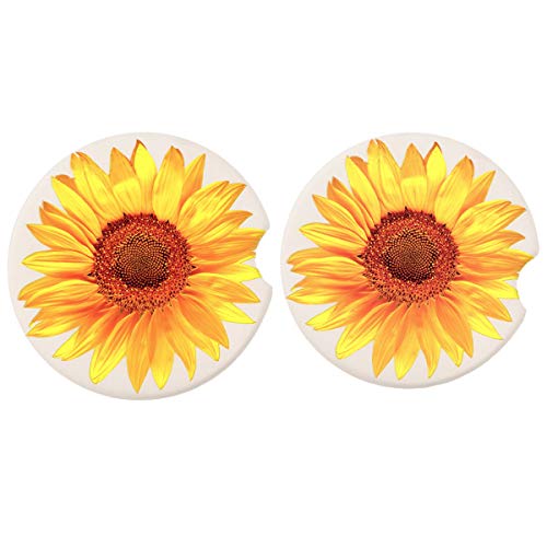 2.56" Sunflower Car Coasters 2 Pack,Absorbent Ceramic Coasters for Car,Auto Coasters for Cup Holder,Car Accessories Absorb Spills From Your Cup and Keep Cup Holders Clean and Dry. (Yellow Sunflower)