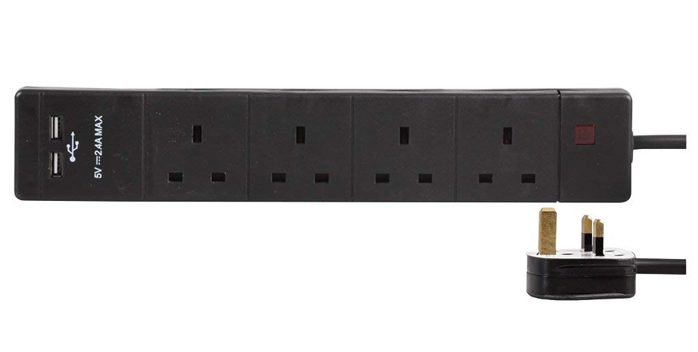 Pro Elec PEL00101 4 Way 2 USB Surge Protected Extension Lead, 2 m, Black