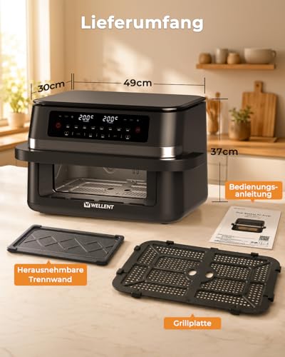 WELLENT 12L Dual Zone Airfryer XXL - 2950W Hot Air Fryer 2 Chambers (6+6L) - Hot Air Fryer Double Chamber with Viewing Window, Match & Sync Function, Shake Reminder, Dishwasher Safe
