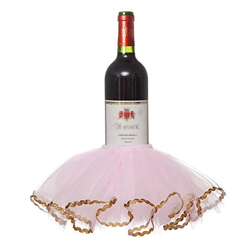 Haperlare 3pcs Elegant Red Wine Bottle Cover Tulle Wine Bottle Skirt with Glitter Gold Brims for Wedding Party Baby Shower Christmas Birthday Cake Dessert Table Decorations,Pink - Thumbnail 3
