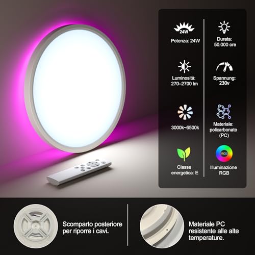 DetarZinLED 2 LED Ceiling Light Bedroom Ceiling Light 24W 2700LM 30 cm Round Dimmable Ceiling Light with Remote Control Bathroom IP44 Waterproof Colorful RGB Lights for Indoor Hallway