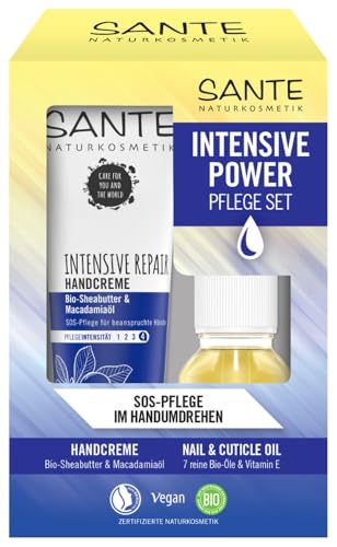 Kit per la cura delle mani, crema per le mani con burro di karitè e olio di macadamia + olio per unghie e cuticle con 7 oli biologici, cura intensiva per le mani stressate, 1 set