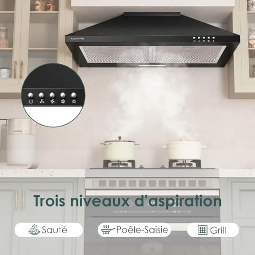 Soonye Extractor Hood 60 cm Class A, Kitchen Hood 350m³/h, Drain or Recycle, Carbon Filter Included, Wall Hood, Black