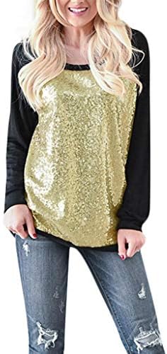 KpopBaby Women's Casual O-Neck Sequin Patchwork Long Sleeve Top Blouse