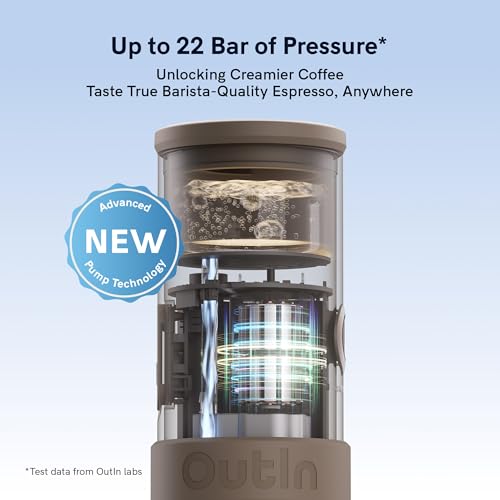 OutIn Mino Portable Electric Espresso Machine, Mini Camping Coffee Maker for Travel, Pocket Sized Coffee Machine Self-Heating, Ground Coffee & NS Capsule Adapter For Adventure, Tundra Brown