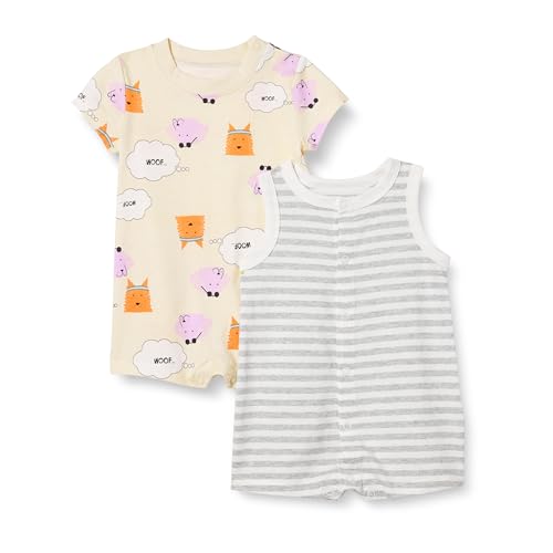 Amazon Essentials Ensemble De Combinaisons Sans Manches Et Manches Courtes Mixte Bébé, Lot de 2, Beige Chiens/Chiné Rayures, 12 mois
