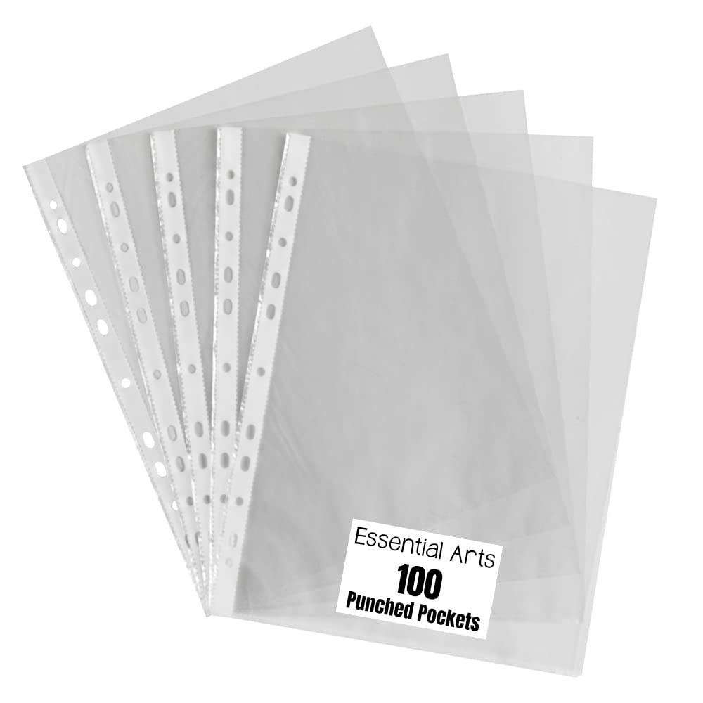 A4 Clear Punched Pockets Pack of 100 for Ring Binders and Lever Arch Files - by Essential Arts