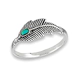 Simulated Turquoise Oxidized Feather Ring .925 Sterling Silver Tree Leaf Band Size 6