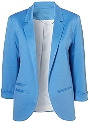 TuiFallen Women's Cotton Rolled Up Sleeve No-Buckle Blazer Jacket Suits Blue X-Large