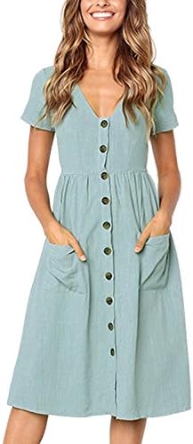 MIDOSOO Womens Summer Casual V Neck Short Sleeve Skater Midi Dress with Pockets
