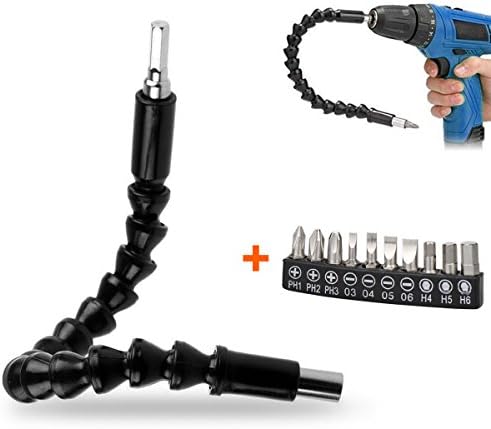 BonyTek Hardware Tools Flexible Extention Screwdriver Shaft with Screw Drill Bit Holder Hexagon Drill Magnetic Connection Size of 1/4 Inch + 10-in-1 Screwdriver Bit Set - Black