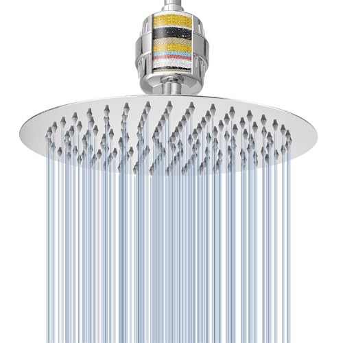 Voolan Rain Shower Head and Shower Filter Set, High Pressure Shower Heads Made of Stainless Steel, Filter Cartridge for Hard Water (20 cm, Circular)