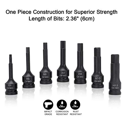HELAKLS 3/8 Inch Drive Hex Bits Allen Socket Set, 4-12MM 7 Piece Cr-Mo Impact Grade One-Piece Construction Metric Hex Driver Hand Tools For Men 6 CM Length - Thumbnail 3