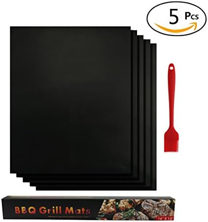 Non Stick BBQ Grill Mats, Hoyoki Reusable Grilling Mats 16"x13" with Free Brush, Perfect for Charcoal, Gas, Electric Grill Ovens (Set of 5)
