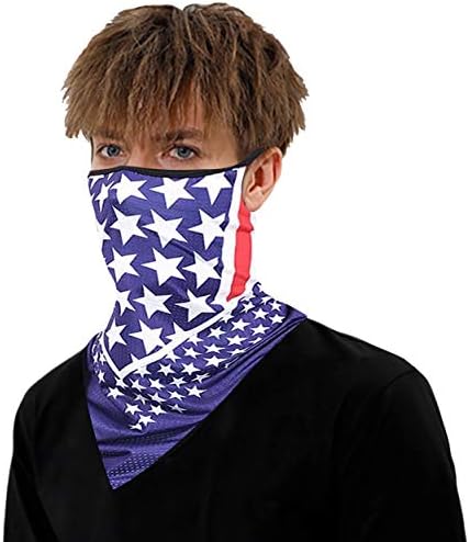 A person wearing a bandana-style face covering to shield from the sun.