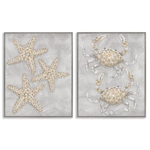 Stupell Industries Grey Starfish & Crab Drawing 2 Piece Gray Framed Giclee Art…