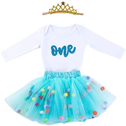 Baby Girls 1st Birthday Outfit Glitter One Romper Balls Skirt Crown Headband