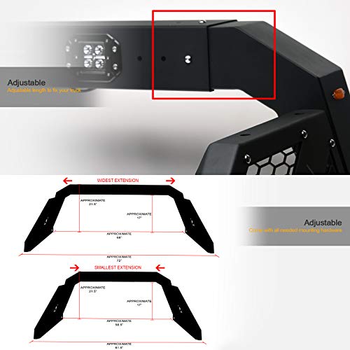 Stehlen 733469495291 Universal Adjustable Truck Bed Chase Rack Roll Bar with 3rd Third Brake Light & 2x LED Work Lamps Bars & 6x Amber Side Marker - Matte Black