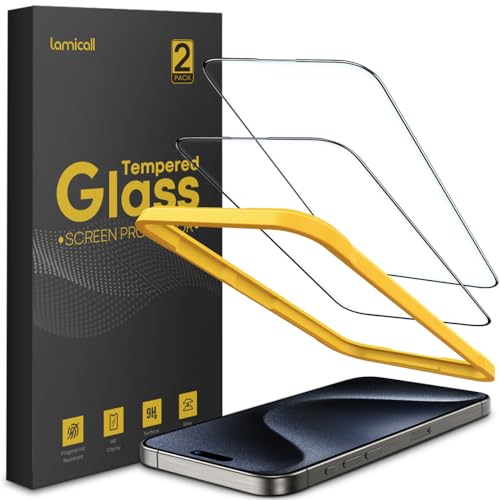 Lamicall Mica para iPhone 15 Pro Max, [Top 9H Película de Vidrio Templado] Protector de Pantalla para iPhone 15 Pro Max (6.7"), Marco de Instalación Fácil, 0 Burbujas, AntiHuellas - 2 Piezas
