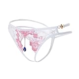 GIRLADY Open Crotch G String Panties for Women Sheer Lace Thong Embroidery Intimates Rhinestone Pendants Brief Sexy Underwear (White/Pink 2)