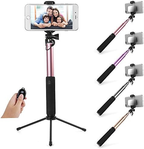Extendable Monopod Bluetooth Selfie Stick for Apple iPhone X 5.8" / iPhone 8 Plus / 7 Plus 5.5" / iPhone 8 / iPhone 7 4.7" with 270° Rotatable Holder Mirror + Stable Tripod (Rose)
