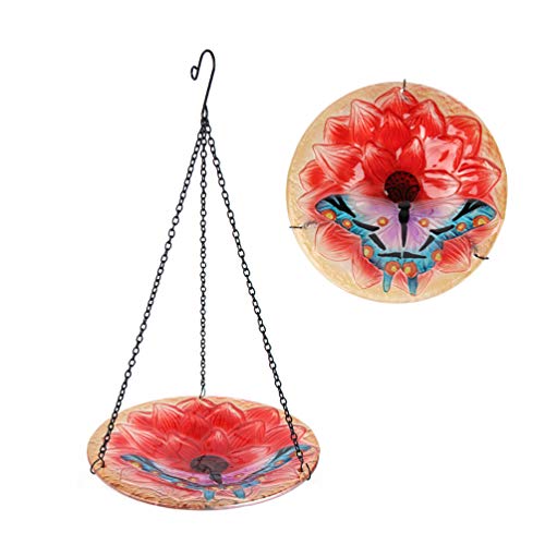 HONGLAND Birdbath Feeder Hanging Glass Bowl Butterfly&Flower for Garden,Yard,Patio,10 inches Diameter,Total Height 17 inches Including Chain