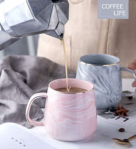 Ceramic Coffee Mug with Leaves Spoon, 12oz Marble Coffee Cup Unique Gift Mug for Wedding Birthday Party Christmas Gift and Thanks Giving Mug Gift-Pink