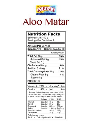 Ashoka Microwaveable Ready to Eat Meals - Aloo Matar Mildly Spiced Potatoes and Green Peas in a Creamy Gravy (Pack of 4)