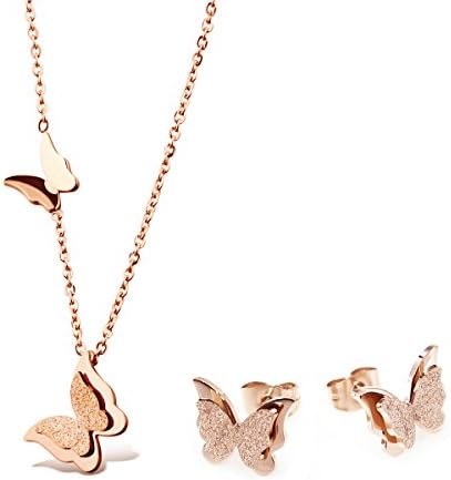 Rose Gold Plated Stainless Steel Butterfly Pendant Necklaces Stud Earings