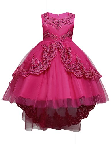 Lace High Low Flower Girl Dresses For Girls Kids First Communions Sleeveless Embroidery Crystal Ball Gown With Train Pearl Summer Sundress Casual Playwear Size 7-16 9 11 (Rose, 160)