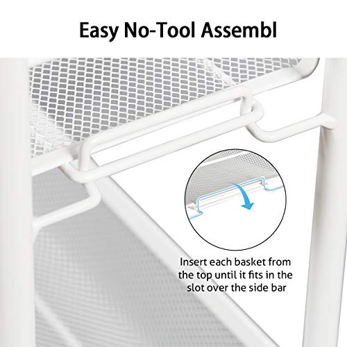 DESIGNA Rolling Household Trolley Cart, 3 Tier Slim Utility Carts with Steel Wire Shelves, Mesh Storage Cart with Easy Moving Wheels for Home Kitchen Bathroom, Multi-Function, White