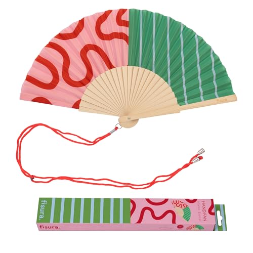– Abanico original con estampado de ondas y rayas. Abanico de madera moderno y colorido. Ventilador de mano rosa y verde. Colgador incluido. Idea de regalo divertido. 42,5 x 23 cm