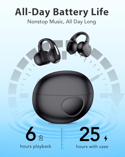 Clip Earbuds Open Ear Headphones Wireless Earphones Bluetooth 6.0, 12mm Dynamic Drivers, 25 Hours Sports Ear buds, Air Conduction Headphones Compatible with iPhone & Android, Black